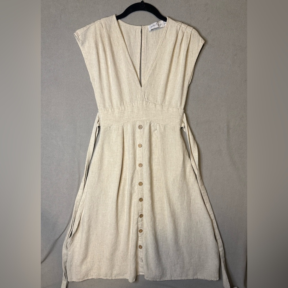 Petal & Pup linen Cream Button-Front Midi Dress